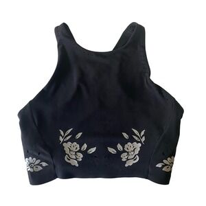 Athleta Black Floral Print Longline Sports Bra Size M Racerback Medium Support